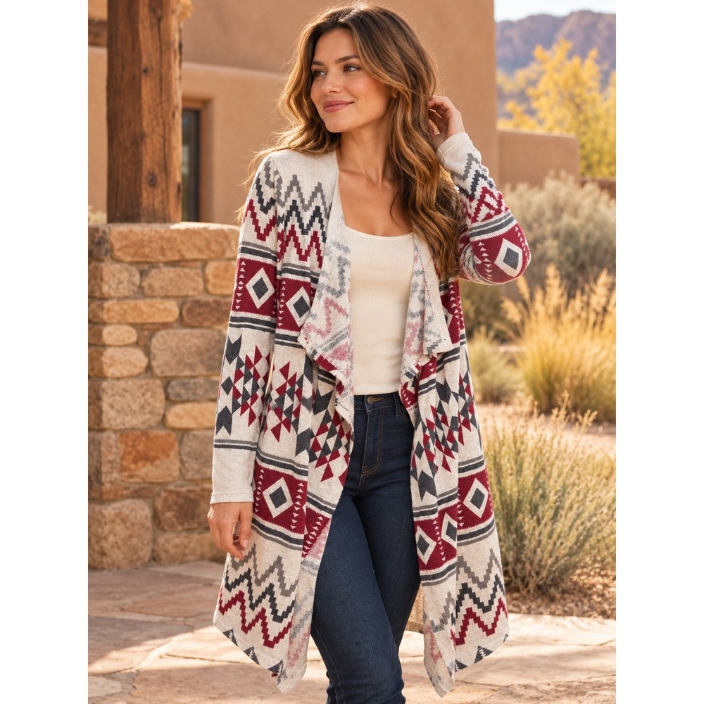 Aztec Southwestern Open Front Lightweight Knit Cardigan Women Medium Casual Cozy